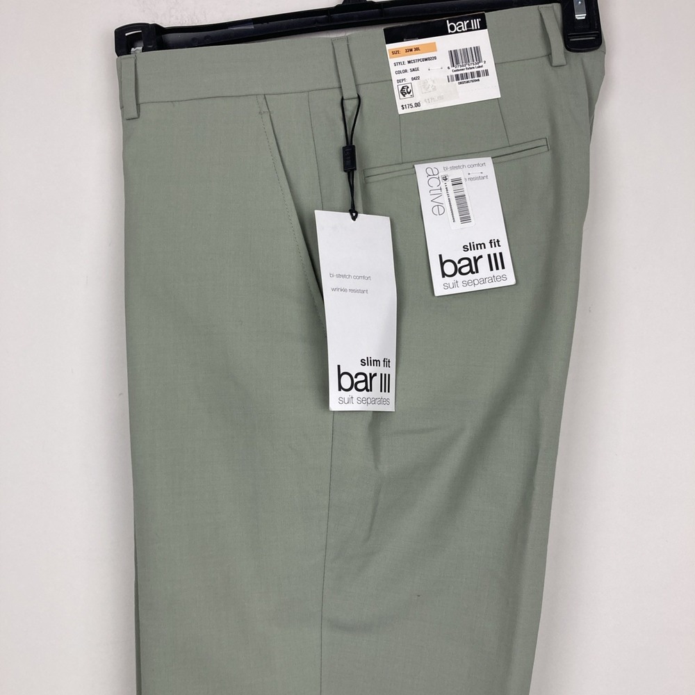 Bar III Men's Slim-Fit Solid‎ Dress Pants Wool Blend Sage Size 33W 30L F03391